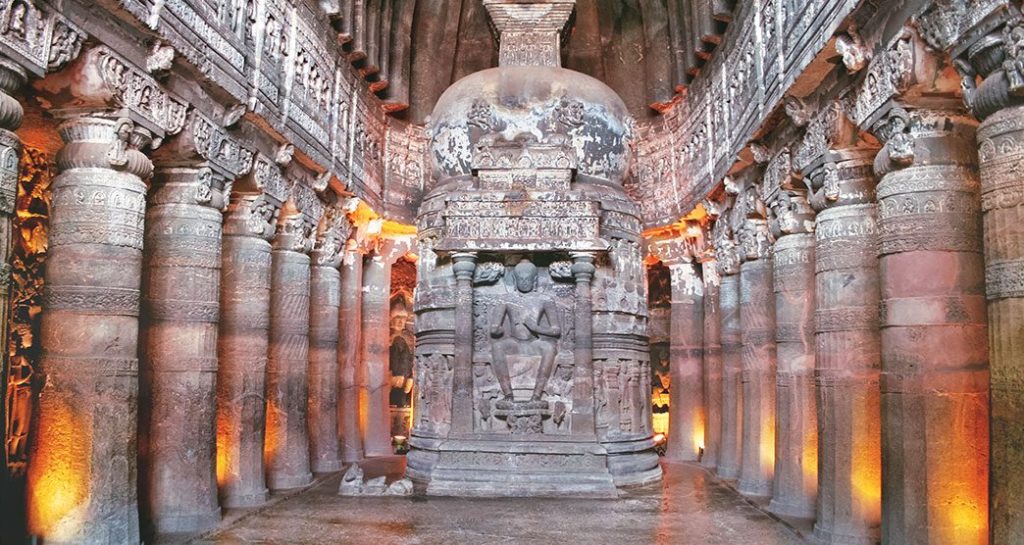 Ajanta Caves reflect the finest Buddhist temple architecture in India.
