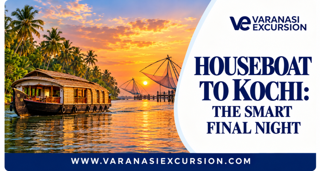 Alleppey houseboat and Kochi waterfront with Varanasi Excursion branding