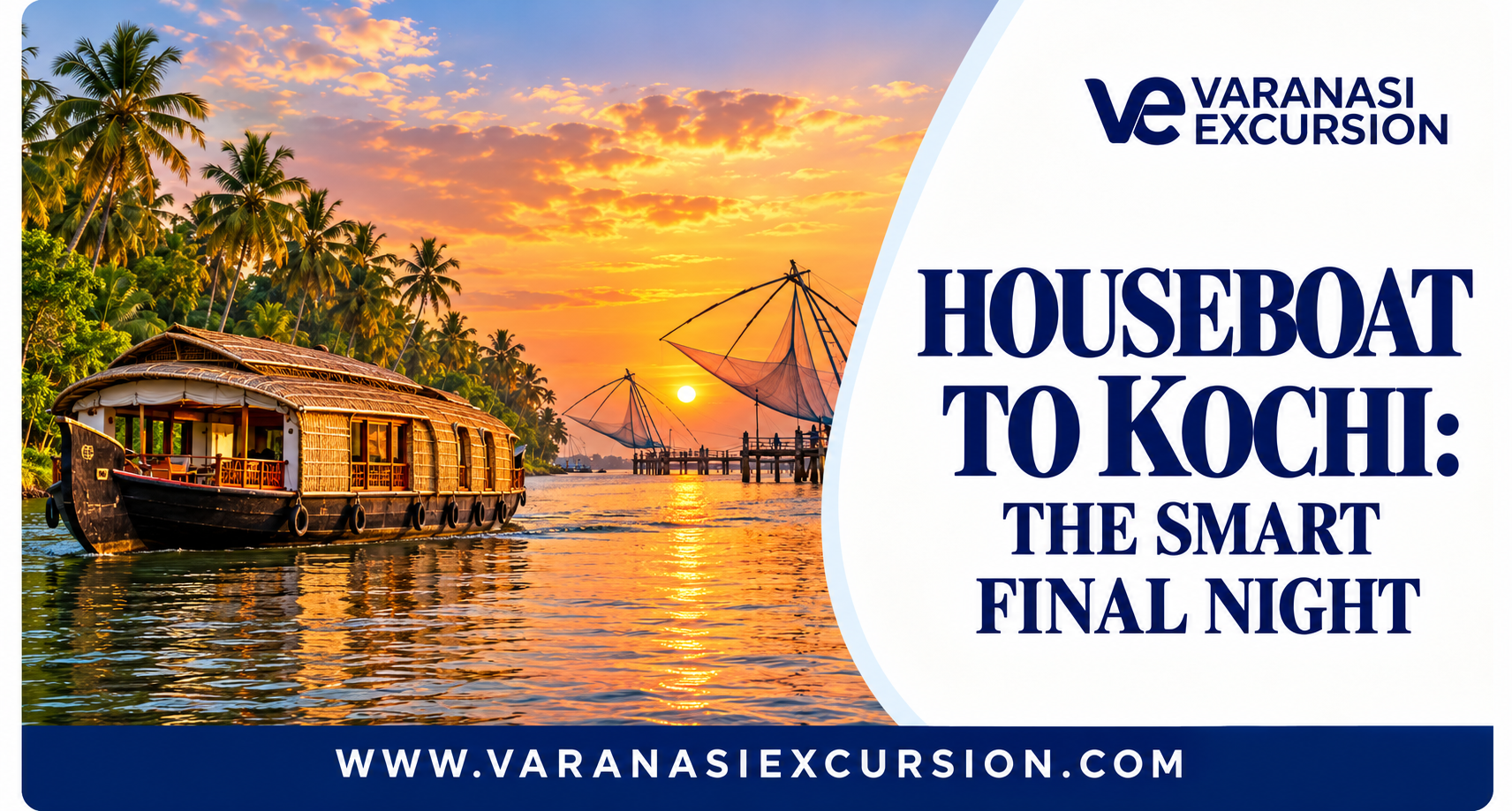 Alleppey houseboat and Kochi waterfront with Varanasi Excursion branding