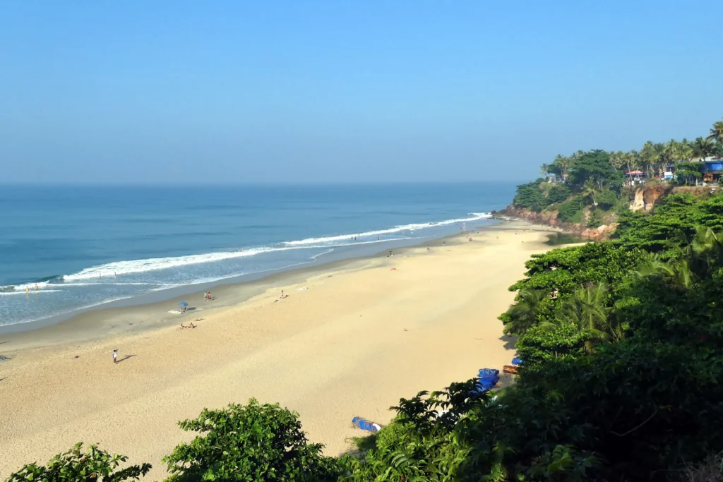 Aerial view of Varkala Beach in Kerala, showing a wide sandy shoreline, blue Arabian Sea, coastal cliffs, and lush palm trees.