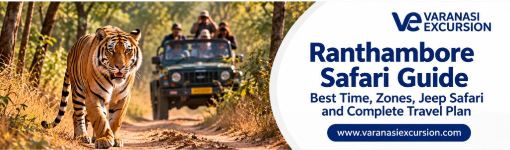 Ranthambore Safari Guide banner showing a tiger and safari jeep
