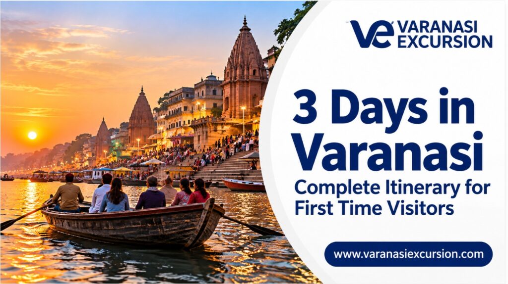 3 Days in Varanasi itinerary banner with a boat on the Ganges and riverside ghats