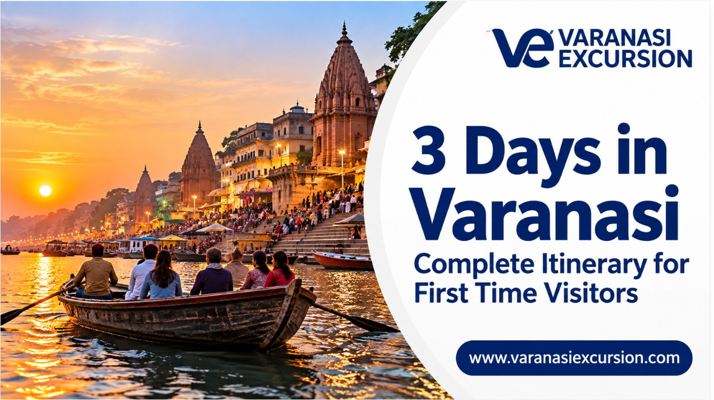 3 Days in Varanasi itinerary banner with a boat on the Ganges and riverside ghats