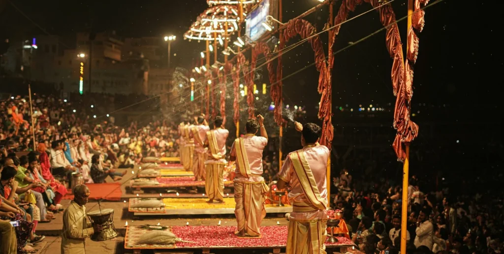 Priests performing Ganga Aarti at Dashashwamedh Ghat