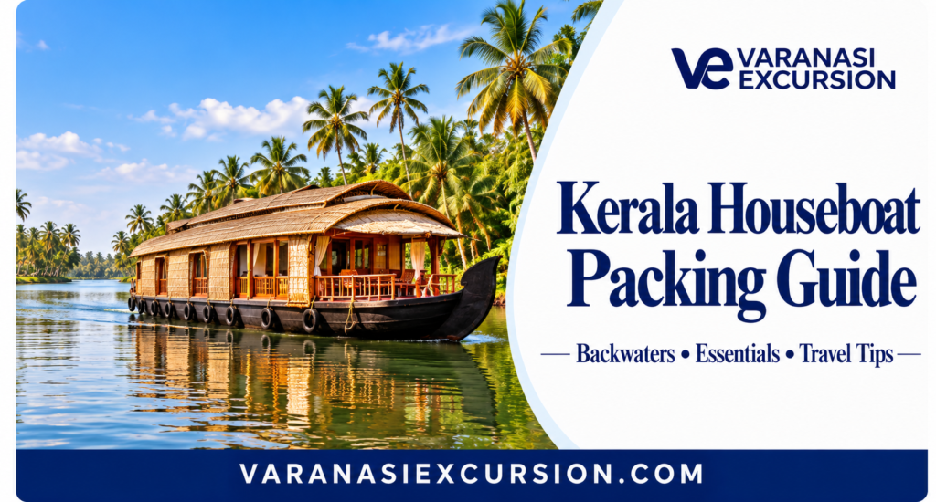 Kerala houseboat on palm-lined backwaters with Varanasi Excursion packing guide title