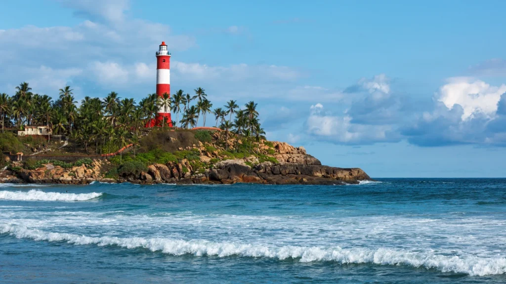 Iconic shores define Kovalam beach in Kerala.