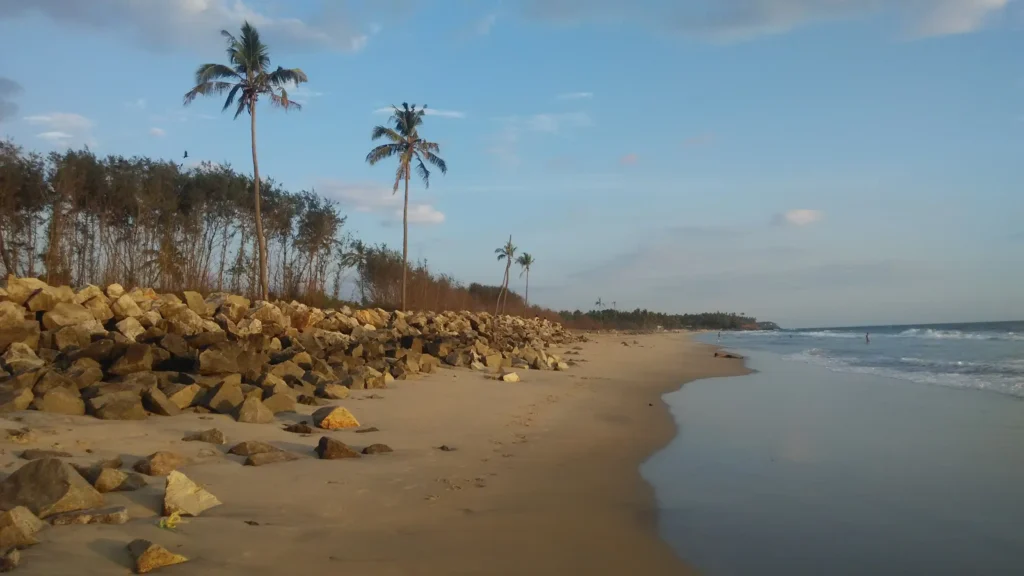 Kappil Beach near Varkala with a sandy shoreline, calm Arabian Sea, coconut palm trees, and rocks along the coast.