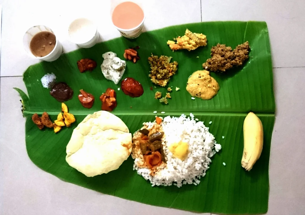 kerala sadya meal on banana leaf