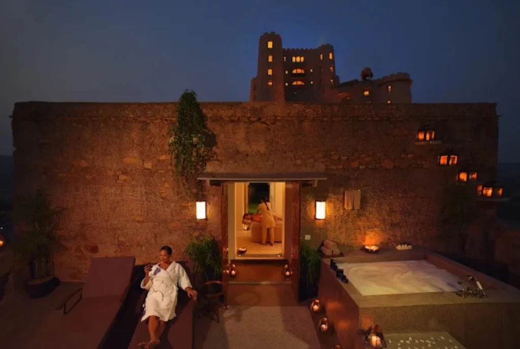 Couple enjoying views at luxury nature resorts.