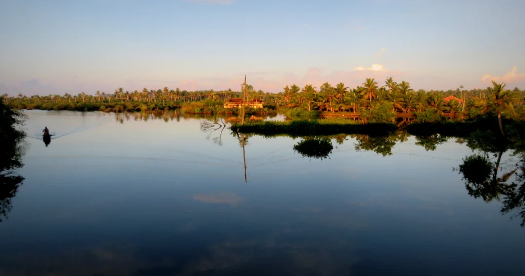 Munroe Island in Kollam with a calm backwater surrounded by coconut trees and lush greenery, with a small canoe on the water.