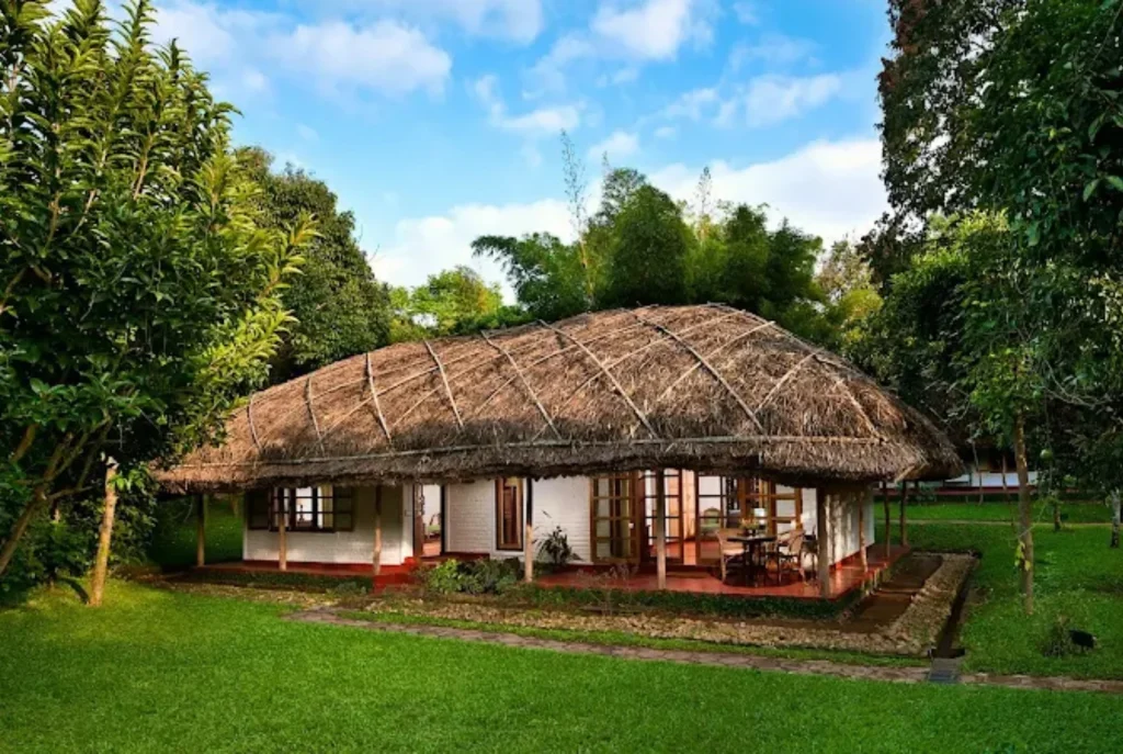 Couple walking through greenery at luxury jungle resorts in South India.