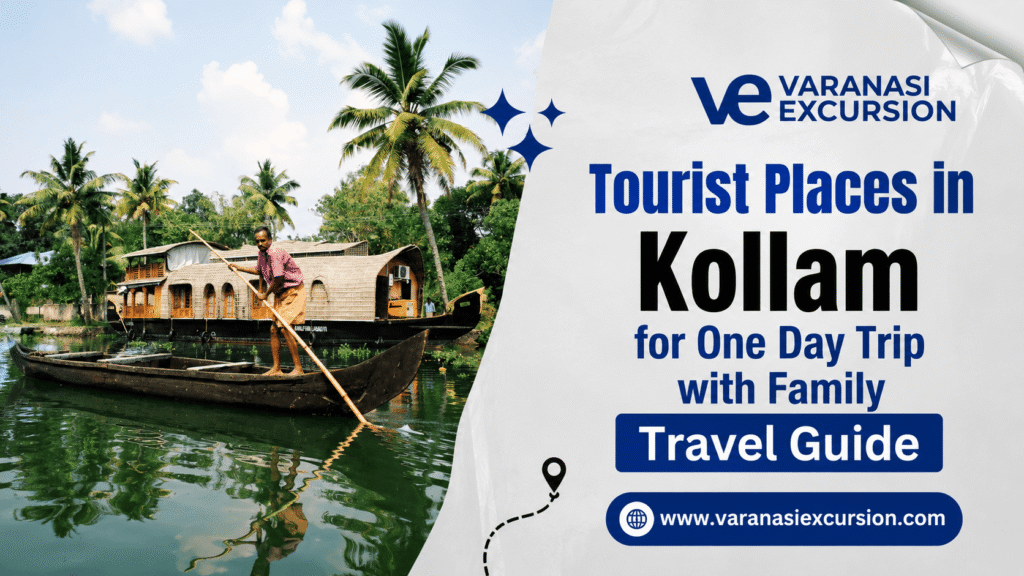 Tourist places in Kollam for one day trip with family, featuring Kerala backwaters, a traditional houseboat, palm trees, and a boatman.