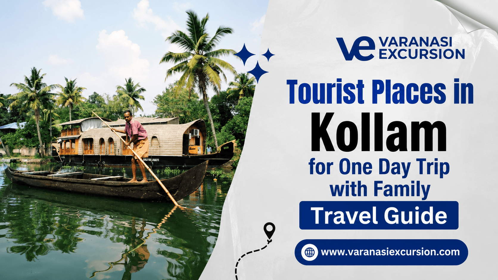 Tourist places in Kollam for one day trip with family, featuring Kerala backwaters, a traditional houseboat, palm trees, and a boatman.