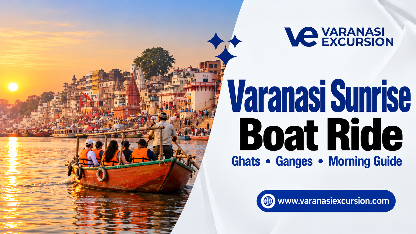 Varanasi sunrise boat ride on the Ganges with ghats and Varanasi Excursion branded guide cover